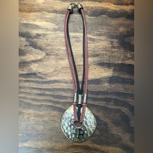Hammered Metal Pendant Necklace with Brown and Black Cord